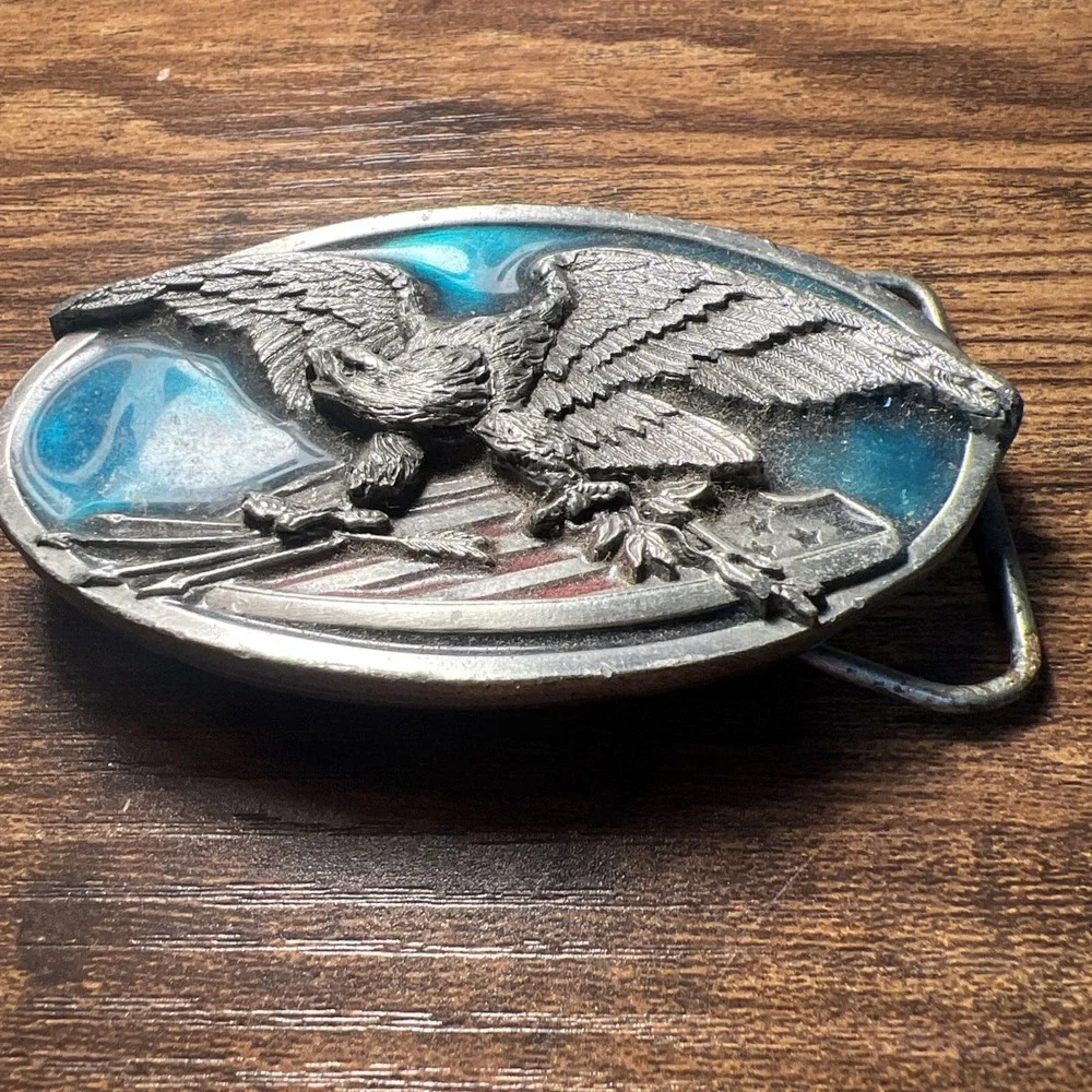 Vintage Bergamot Brassworks Belt Buckle Eagle W/Arrows Silver/Teal 0-146 USA1983